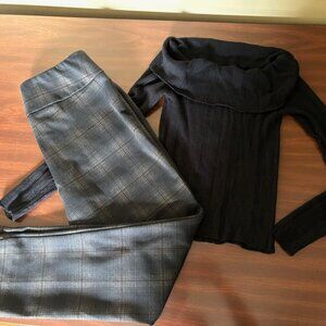 Zac & Rachel Black & Brown Plaid Pants + Black Cowl Long Sleeve Top, Size M